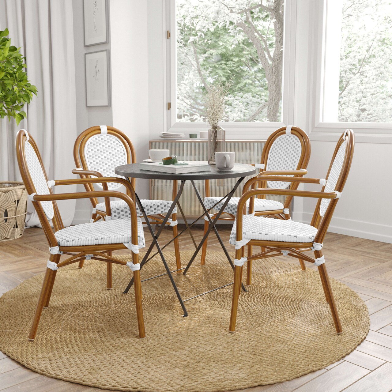 Merrick Lane Celia Set of Two Stacking Thonet Bistro Style Chair with Arms, PE Rattan Seat, and Metal Frame for Indoor/Outdoor Use